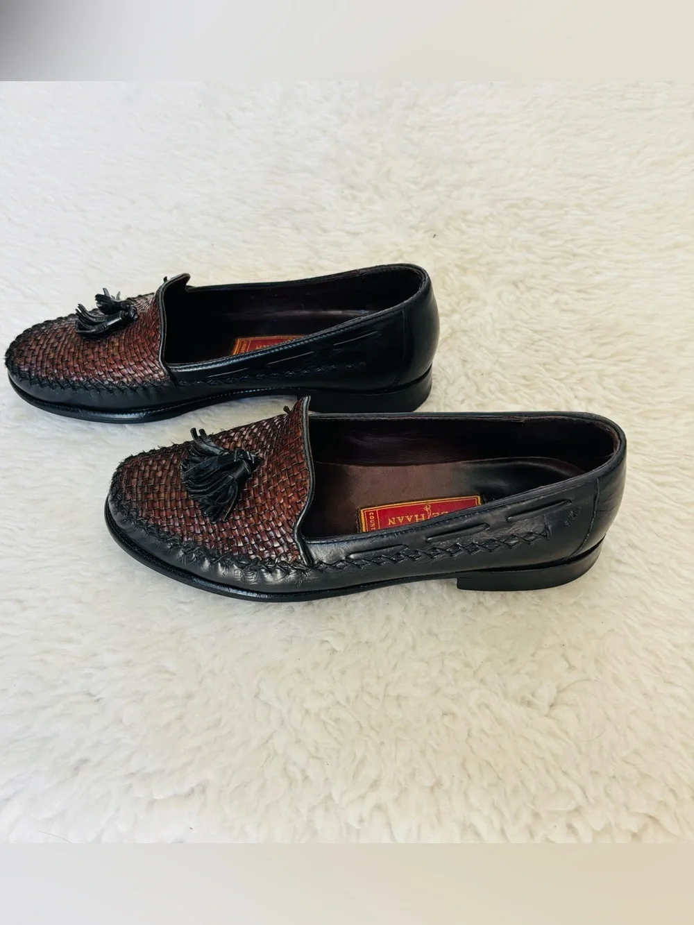 Cole Haan Brown Woven Black Leather Tassel Slip-On Loafers size 7 B